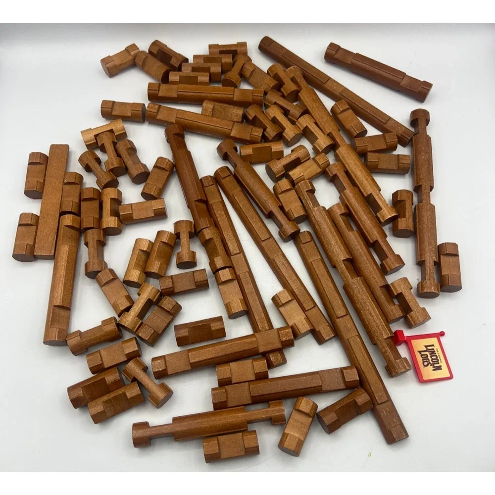 Vintage Lincoln Logs 77 Piece Lot Original Wooden Building Logs Parts + Flag